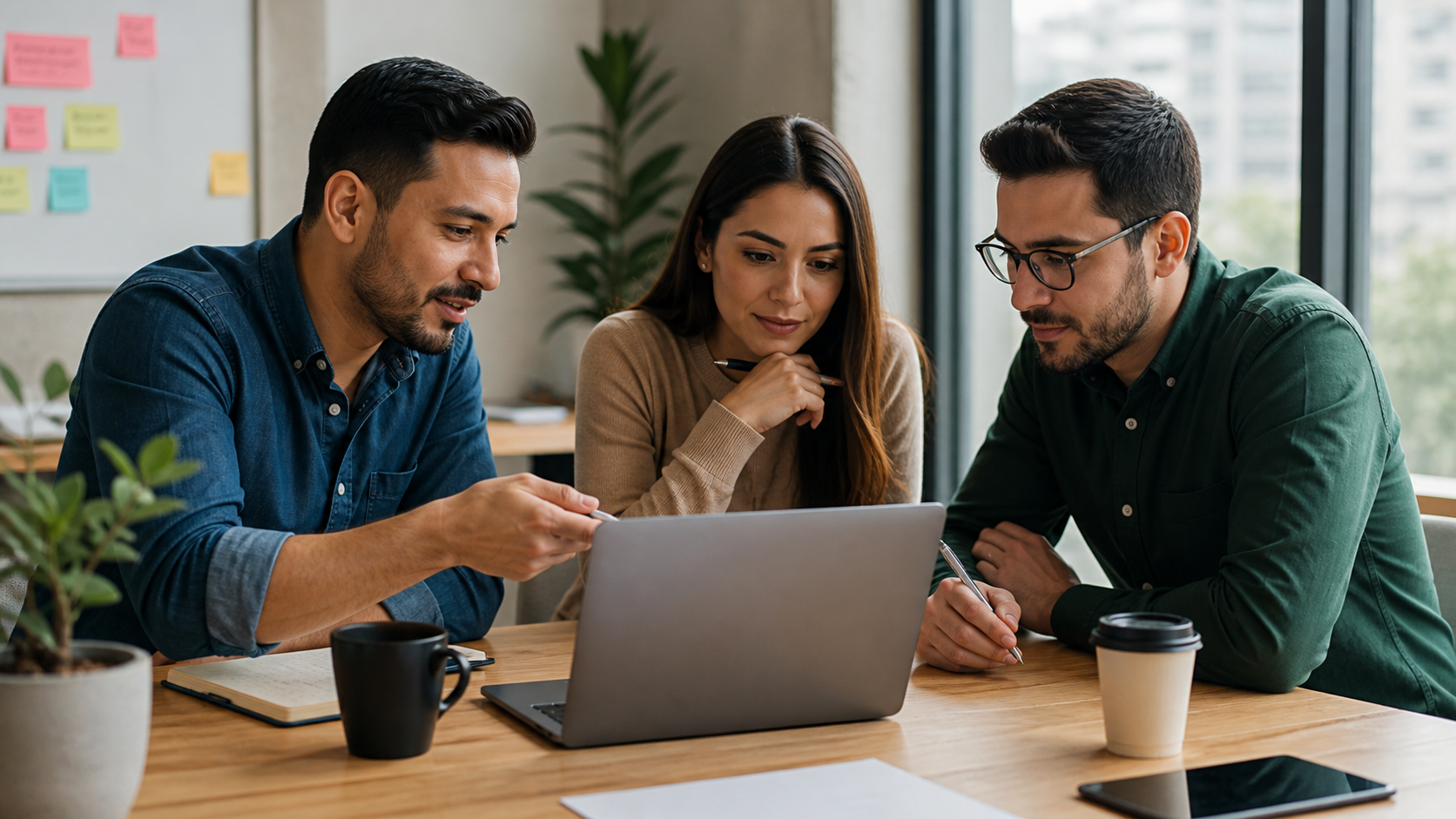 Equipo de marketing revisando una estrategia SEO para búsqueda con IA en una laptop.