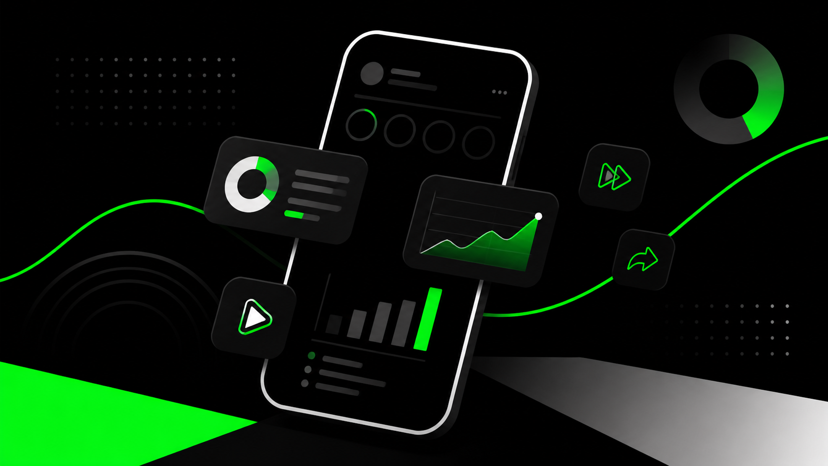 Ilustración abstracta de un teléfono con métricas de contenido para un artículo de Instagram Insights.