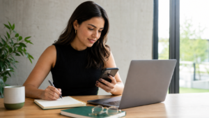 Equipo planeando contenido para redes sociales con laptop y teléfono