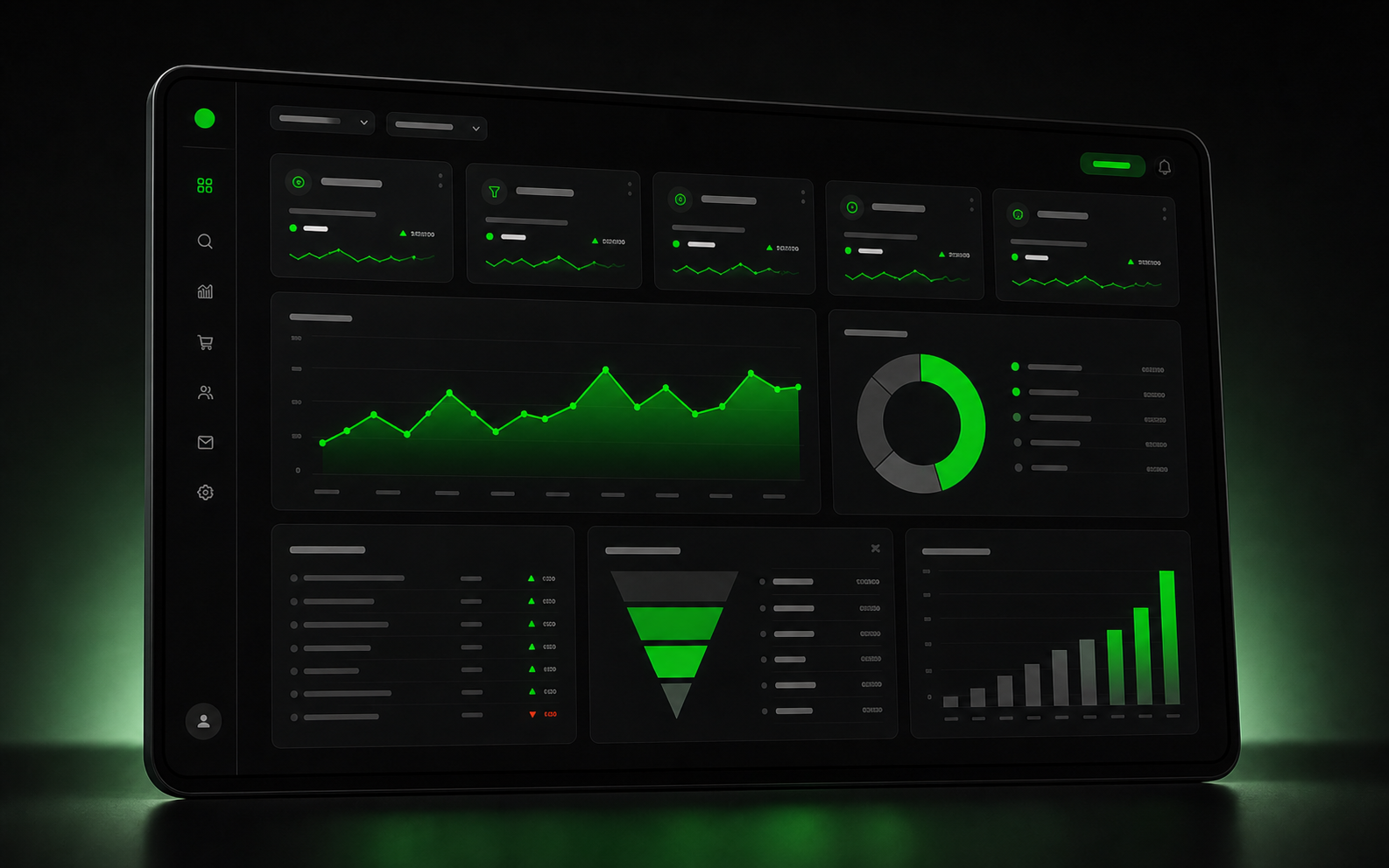 Dashboard oscuro de rendimiento digital con metricas y graficas para 4V Marketing