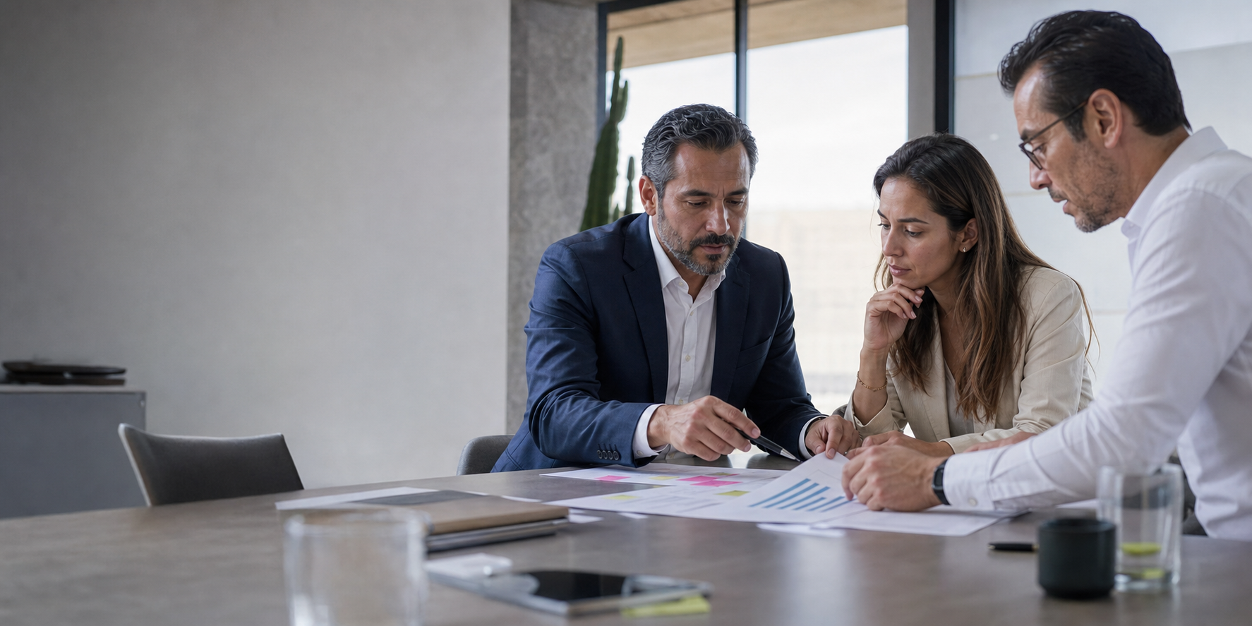 Consultor de marketing digital revisando prioridades y métricas con un equipo directivo