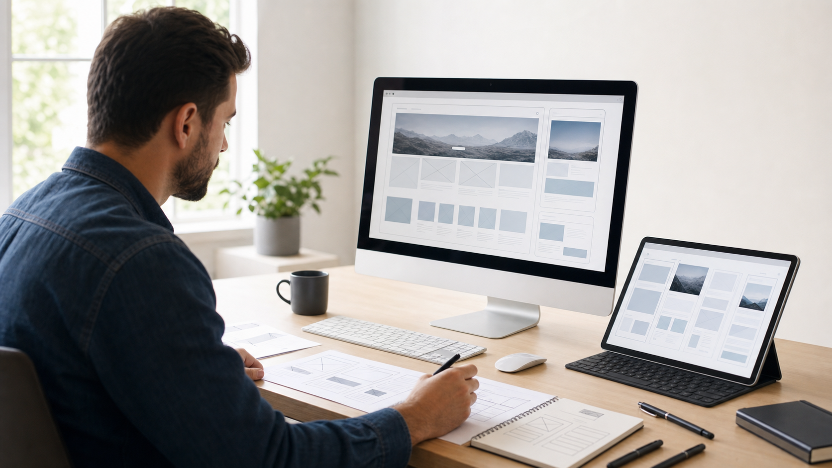 Diseñador web revisando wireframes y una interfaz responsiva orientada a conversión