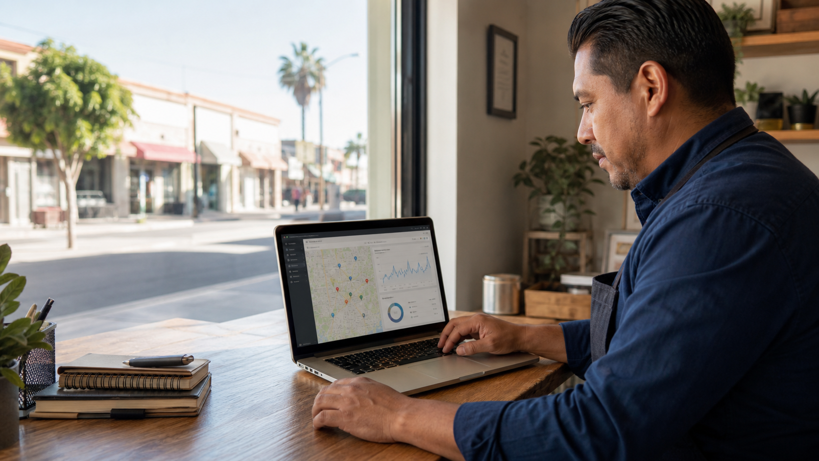Empresaria revisando resultados de SEO local y visibilidad de su negocio en un mapa
