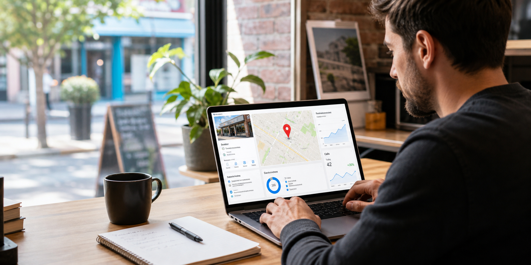 Especialista revisando una ficha de Google Business Profile y resultados de SEO local