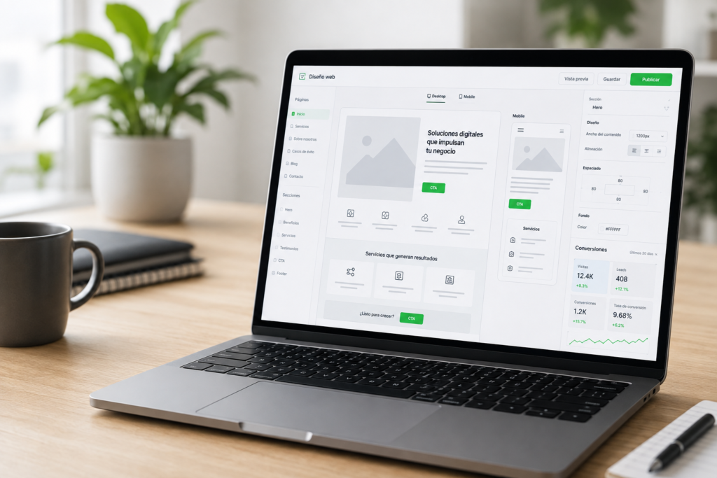 Laptop mostrando una plataforma de diseño web con versiones desktop y móvil de una página empresarial