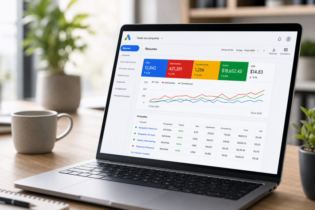 Laptop mostrando un tablero de Google Ads con clics, impresiones, conversiones y costo por campaña
