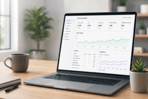 Laptop mostrando un tablero de SEO con tráfico orgánico, palabras clave y métricas de visibilidad