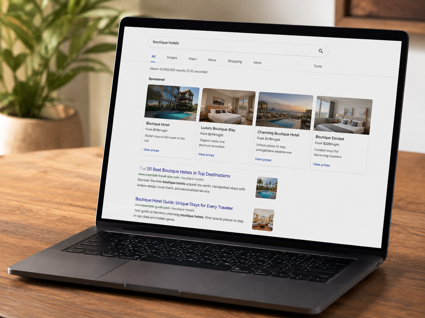 Laptop con resultados de búsqueda de hoteles boutique y anuncios de reservaciones