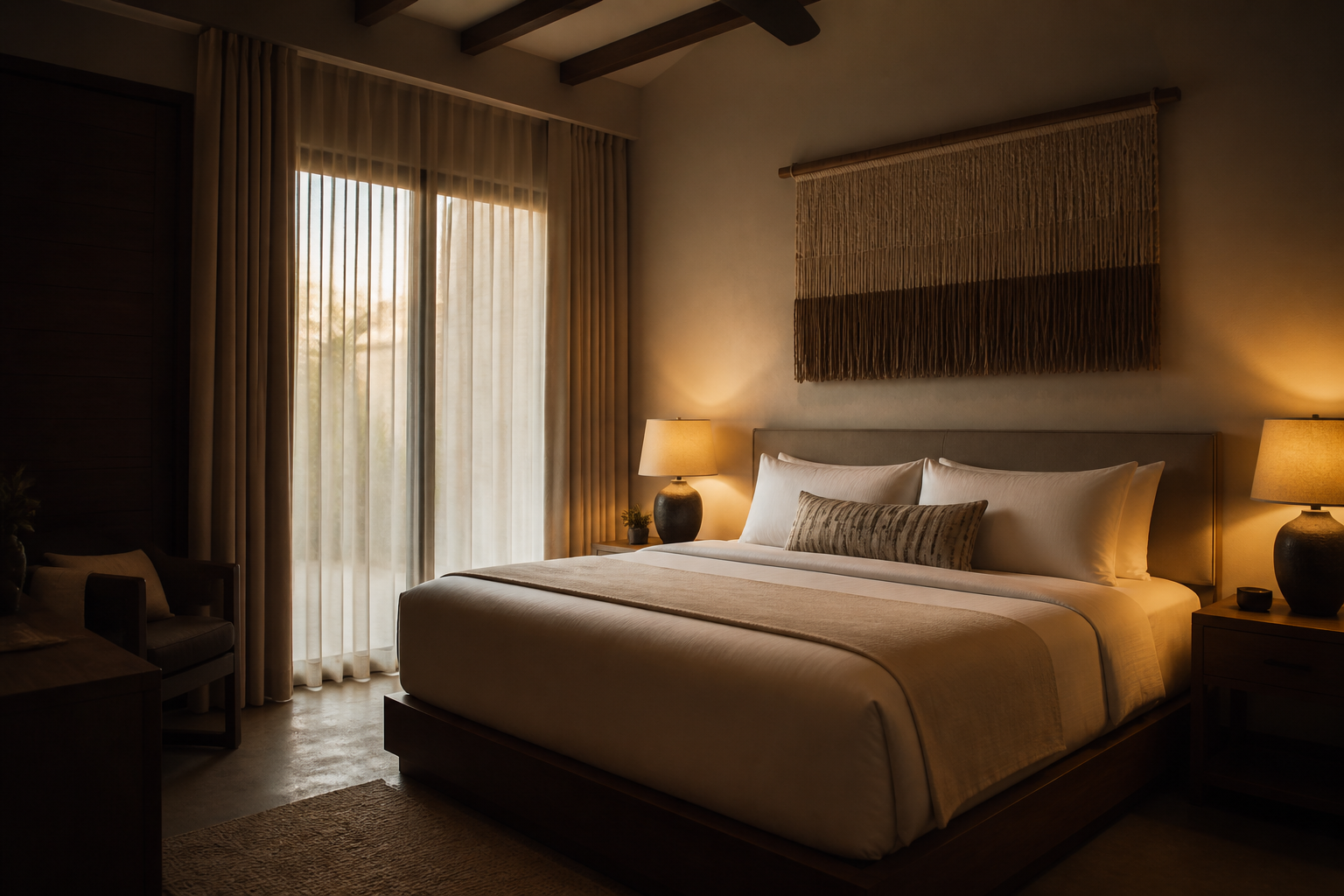 Habitación de hotel boutique con cama, lámparas cálidas y acabados de madera