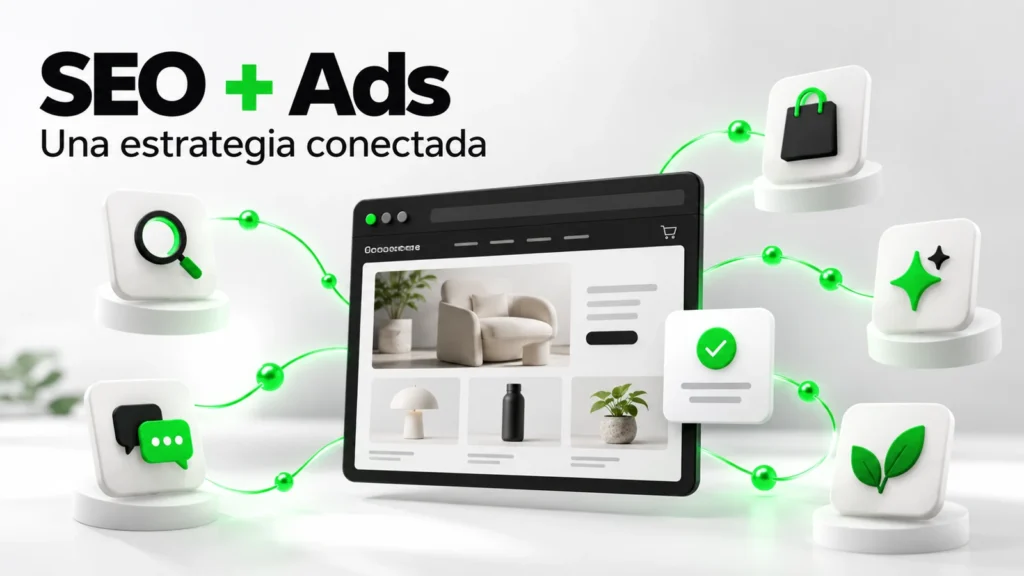 Ilustración de búsqueda, publicidad, redes e inteligencia artificial conectadas a un sitio web para generar conversiones