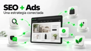 Ilustración de búsqueda, publicidad, redes e inteligencia artificial conectadas a un sitio web para generar conversiones