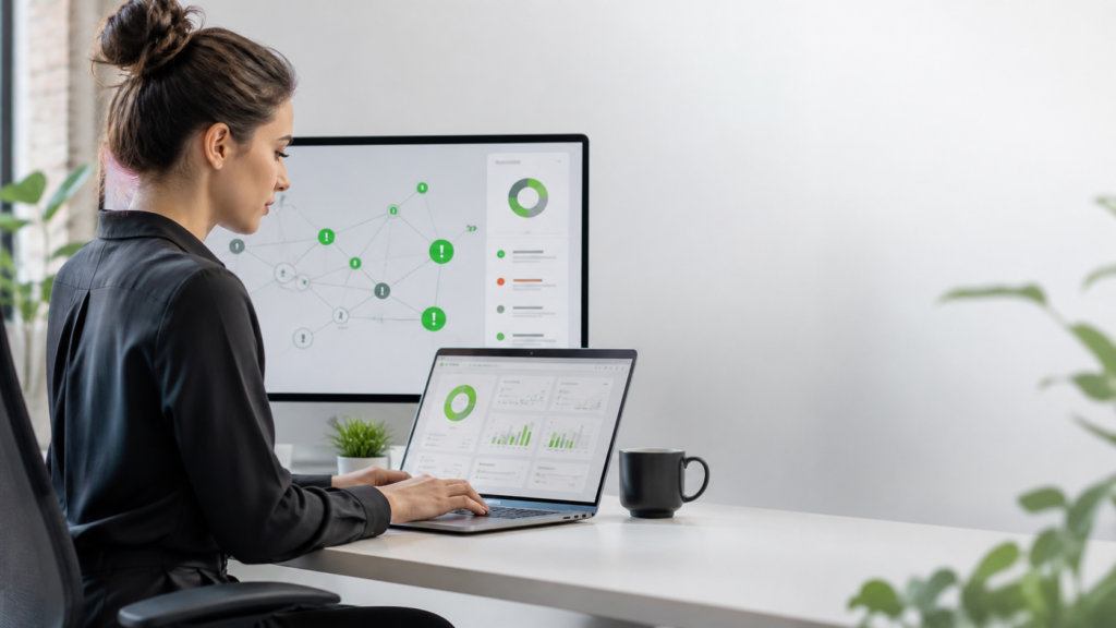 Especialista revisando una auditoría SEO técnica en una laptop