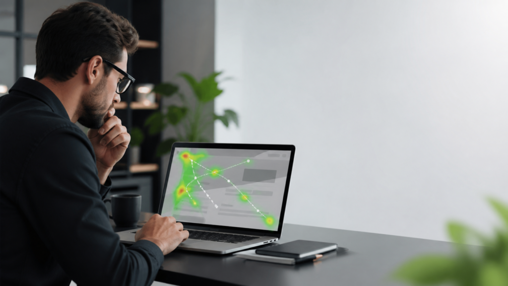 Especialista analizando el comportamiento de visitantes en una laptop