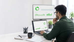 Profesional analizando datos de un sitio web en una laptop