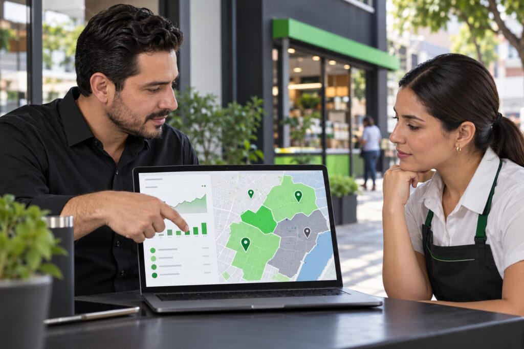 Franquiciatarios revisan en una laptop una campaña y los territorios locales de sus sucursales.