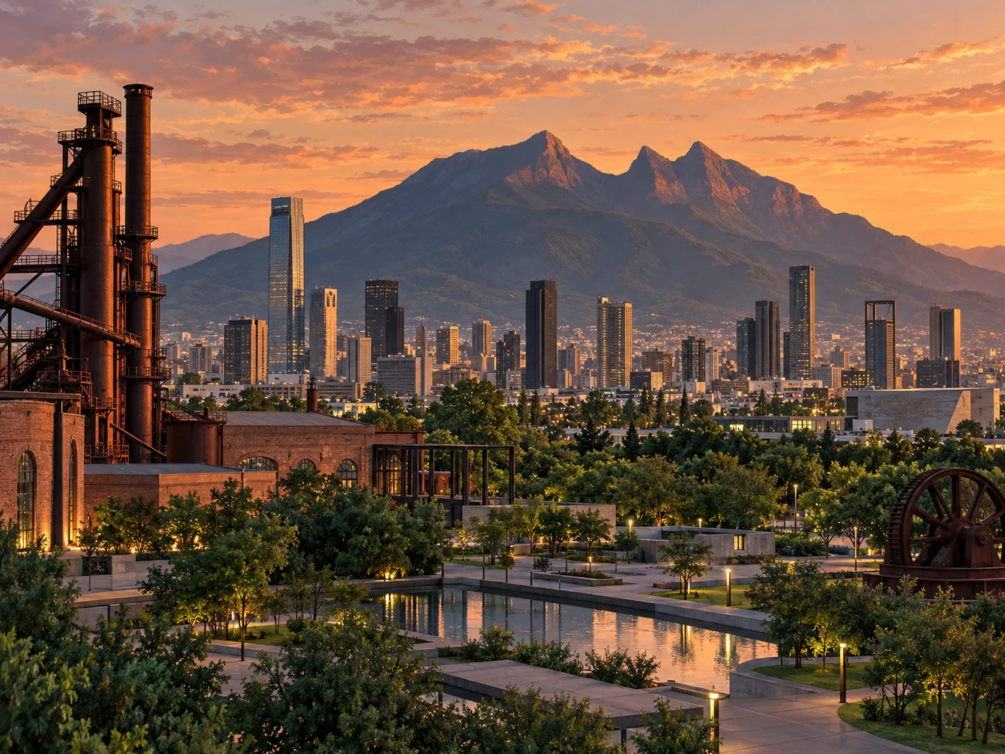 Ilustración de panorámica de Monterrey con el Cerro de la Silla y su zona urbana