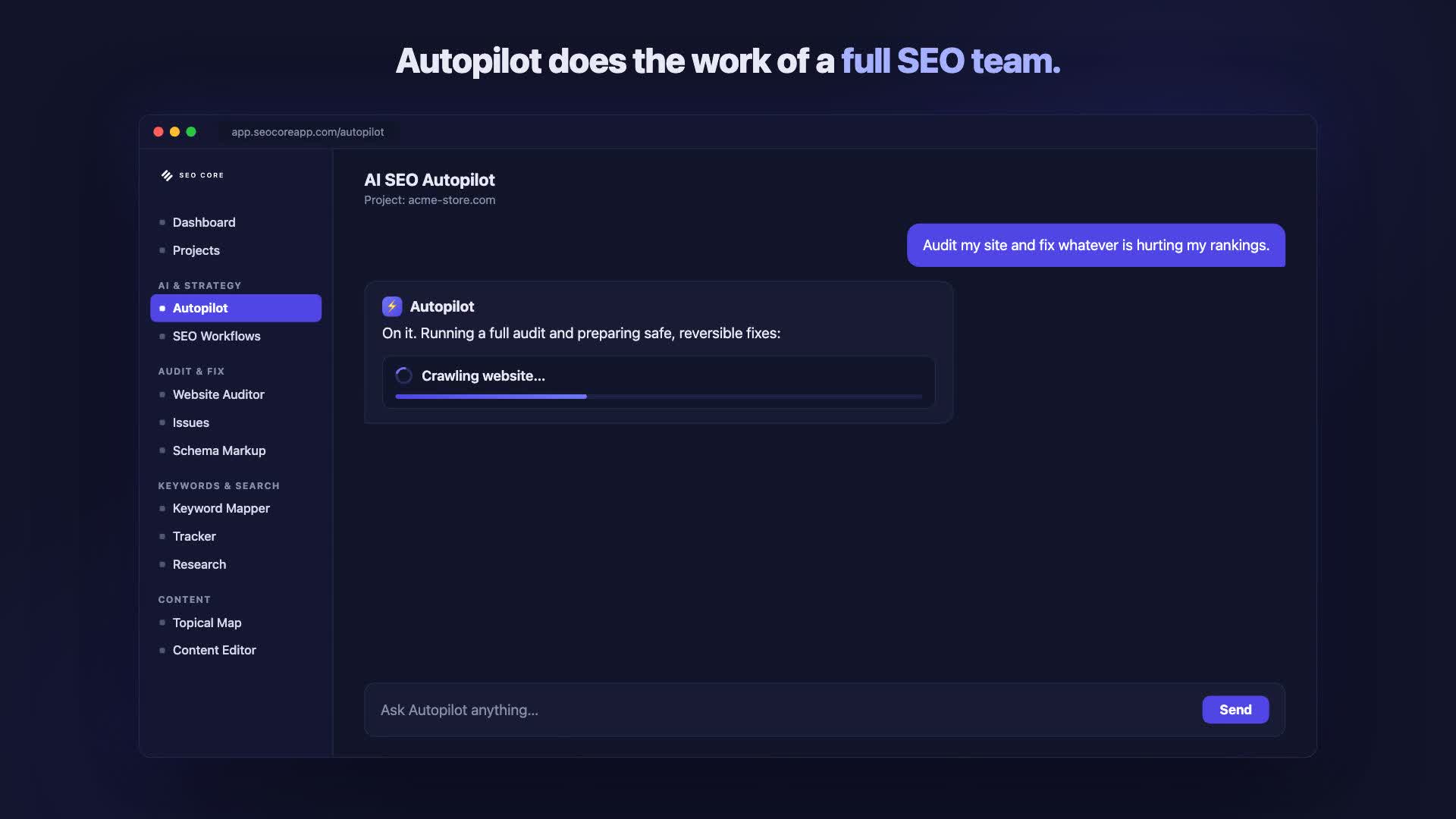Demostración de AI SEO Autopilot de SEO Core