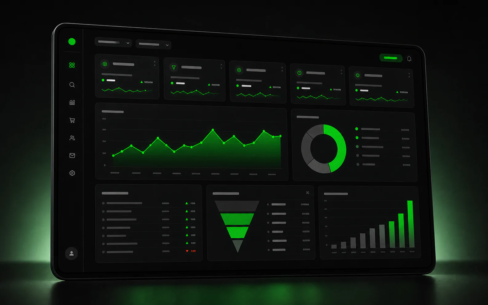 Dashboard oscuro de rendimiento digital con metricas y graficas para 4V Marketing